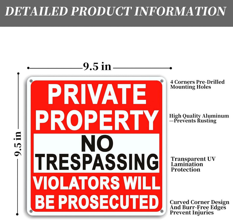 4 Pack Large No Trespassing Signs Private Property, 9.5 Inch X 9.5 Inch Private gallery