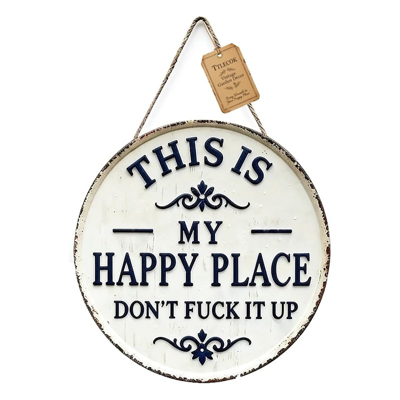 This Is My Happy Place Vintage Metal Sign, Round Wall Decor for Home & Garden