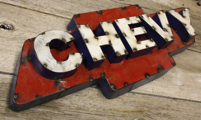 Recycled Tin Metal CHEVY Bow Tie Sign Gas Oil Garage Man Cave Home Decor gallery