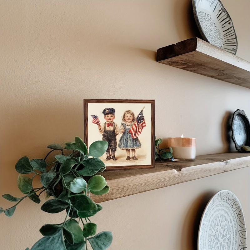 4th Of July Patriotic Children Flag Wooden Plaque Vintage USA Home Decor Gift gallery