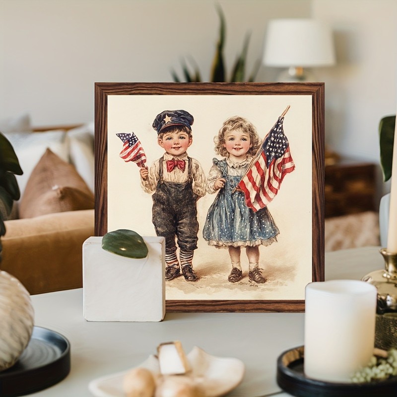 4th Of July Patriotic Children Flag Wooden Plaque Vintage USA Home Decor Gift gallery