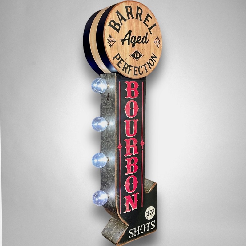 Bourbon Whiskey Barrel Aged Double Sided LED Sign W/ Vintage Arrow Shaped Design gallery