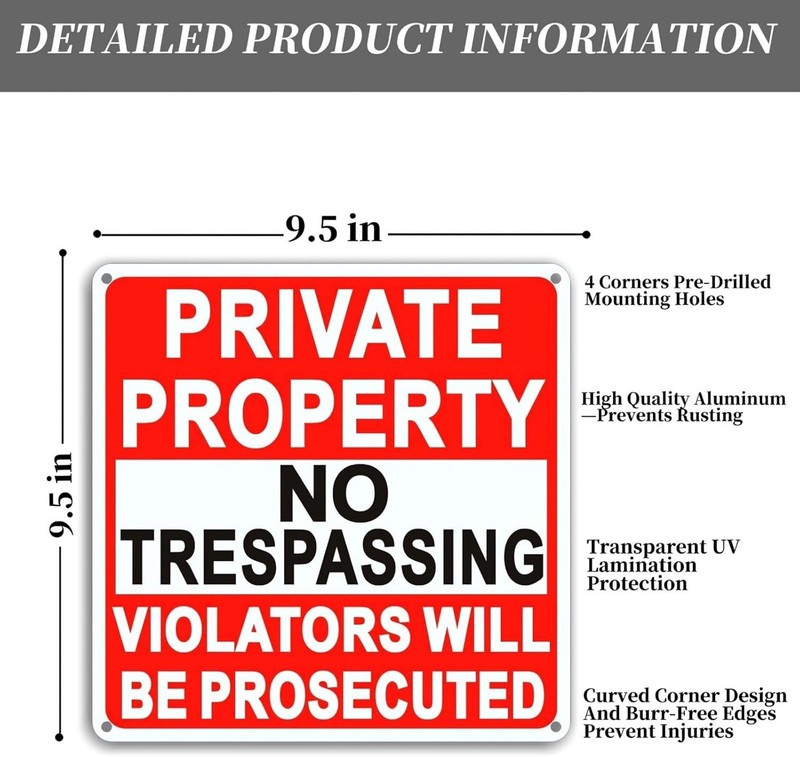 4 Pack Large No Trespassing Signs Private Property, 9.5 Inch X 9.5 Inch Private gallery
